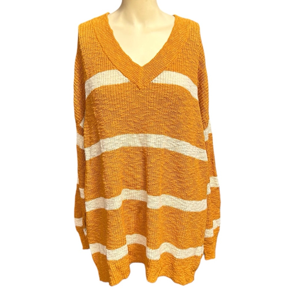 Sonoma women’s plus 2X v-neck sweater mustard ivory stripe cotton $40 new
